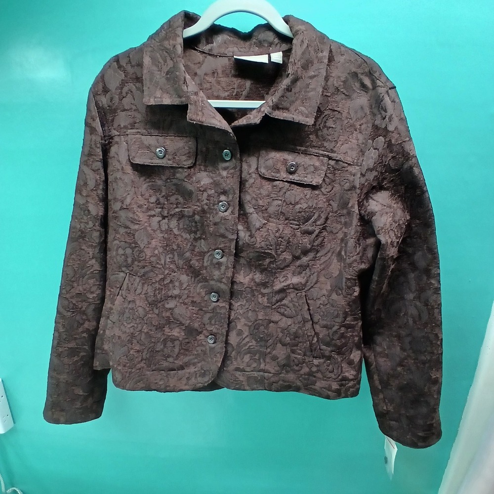 Croft & Barrow Womens Large Brown Floral Damask Jacquard Button Front Jacket NEW